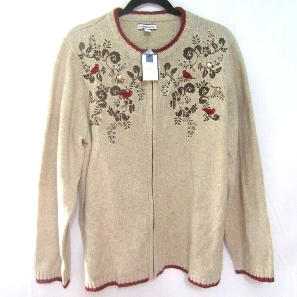 Croft & Barrow‎ Woman 1X Zip Cardigan Sweater Birds Floral Beige Silk Blend Y2K